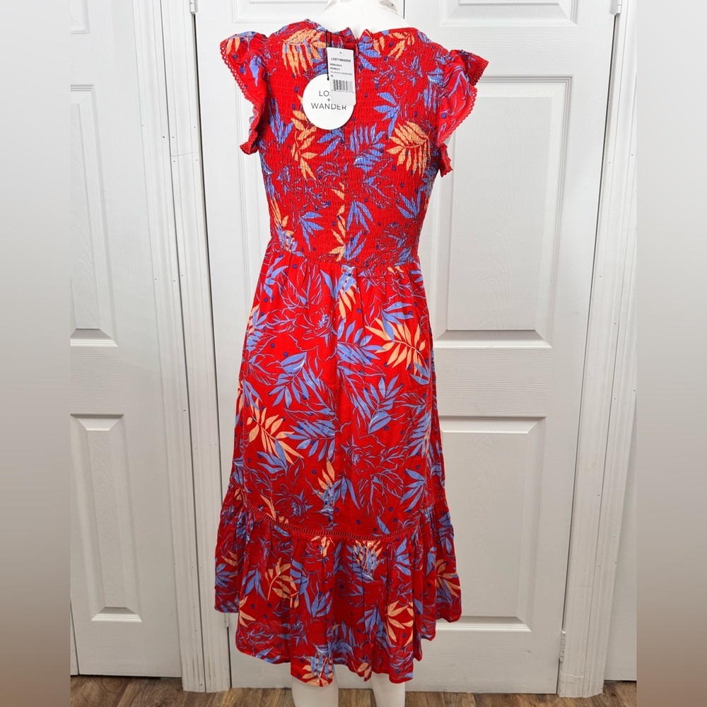 Lost + Wander Red Floral Smocked Midi Dress NWT Size XS Boho Romantic - Picture 10 of 16